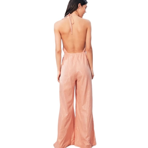 Urban Outfitters Winona Peach Metallic Gold Striped Halter Wide Leg Jumpsuit - L - Picture 5 of 16